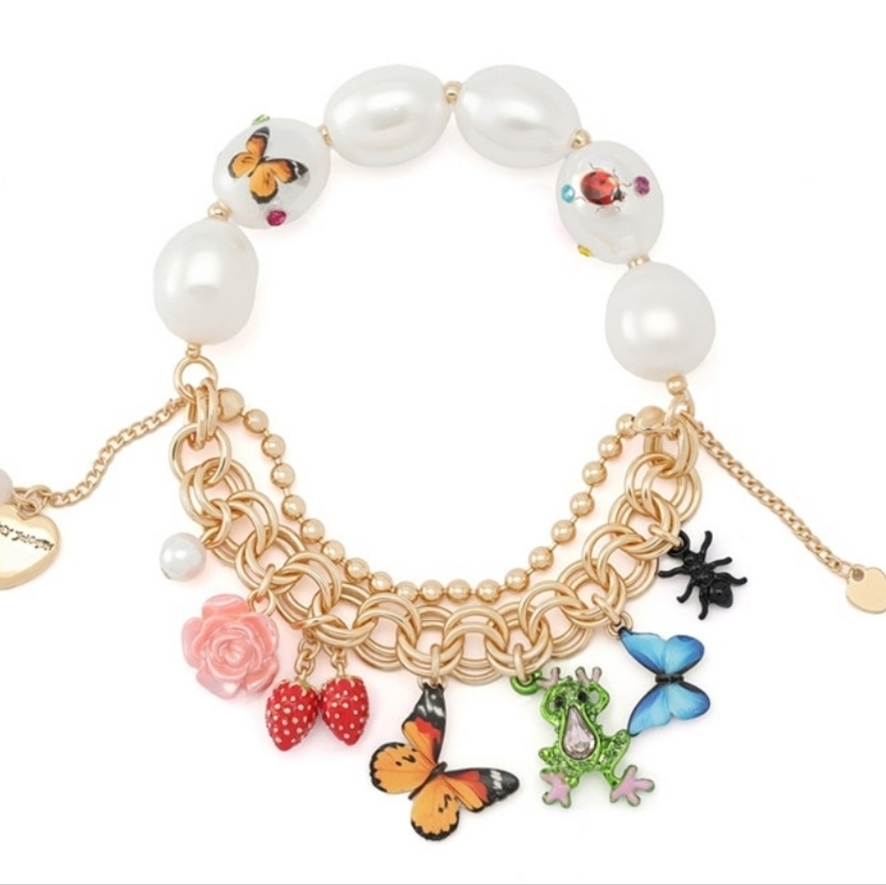 🦋🔹️Betsey Johnson🔹️ Faux Stone Butterfly Mixed Charm pearl Stretch Bracelet - Picture 3 of 5